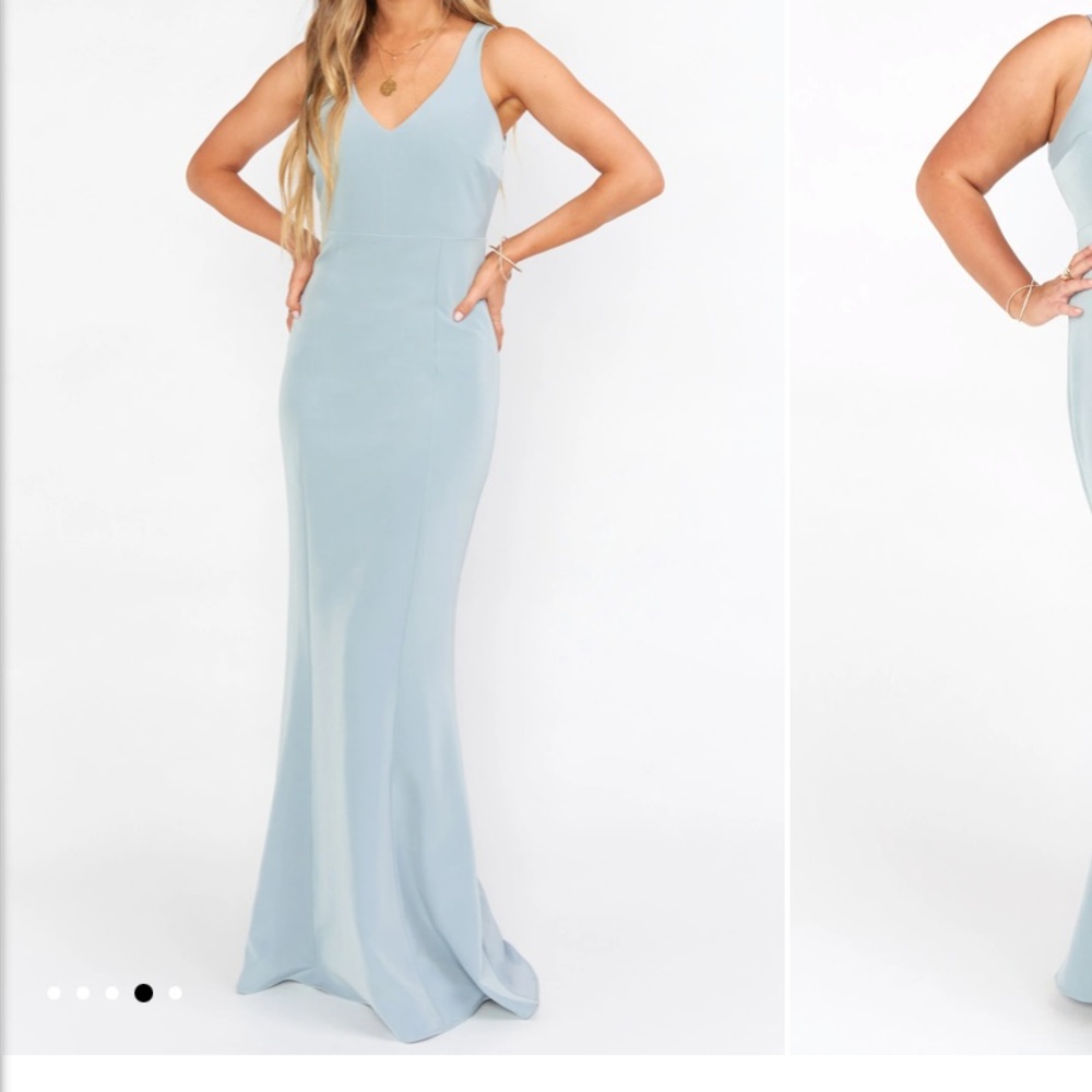 Show Me Your Mumu Morgan gown in silver sage hemmed